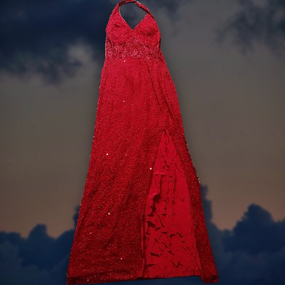 Red Beaded Silk Gown